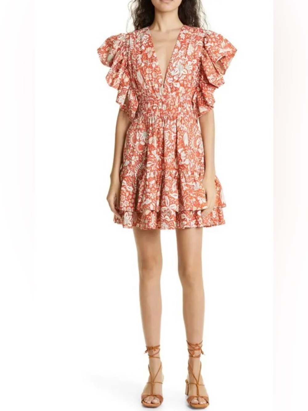Ulla Johnson Kiri Coral and White Floral Ruffle Mini Dress